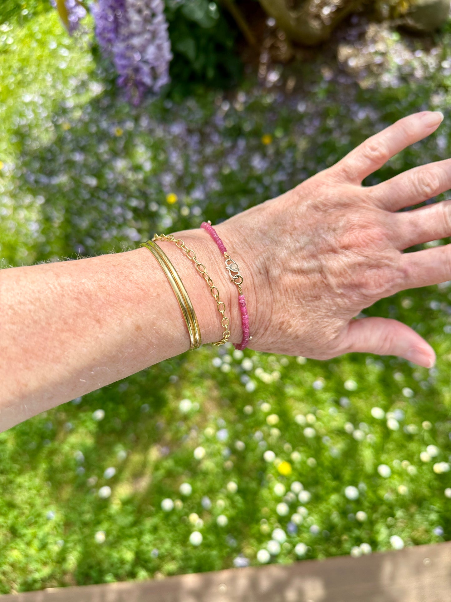 For Julie...Handmade Sweet Heart Bracelet of Pink Ruby's & 9k Gold.