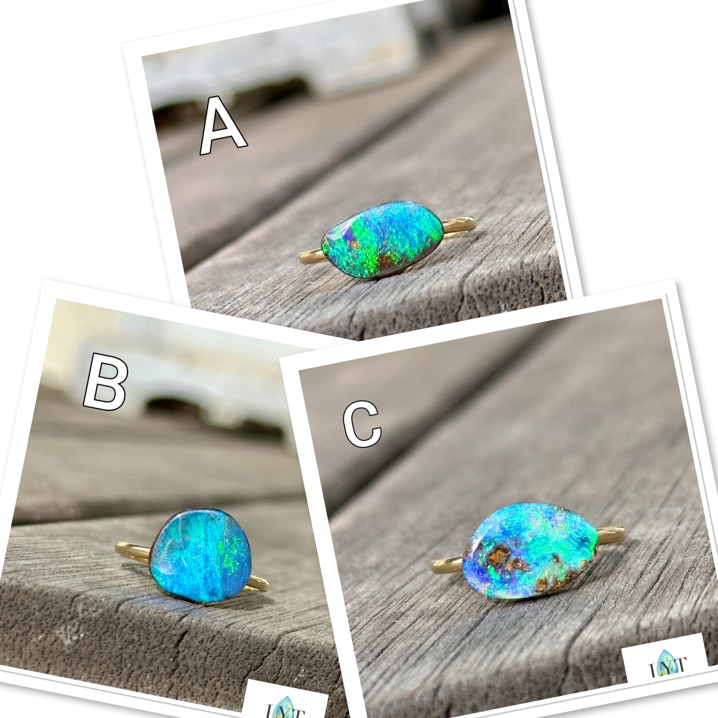 Bay of Blues and Green Boulder Opal rings