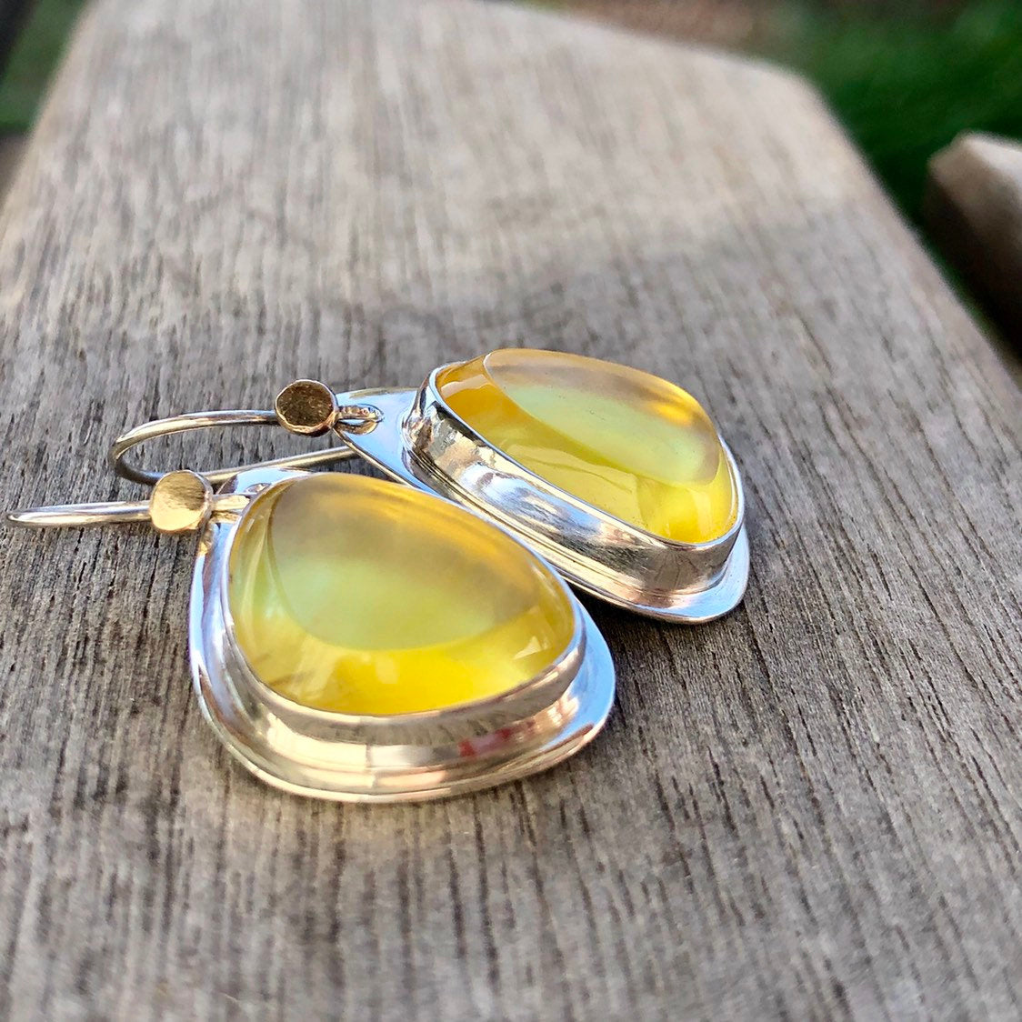 Madagascan Yellow Opal Hook Earrings In Sterling Silver With 9k Gold Accents