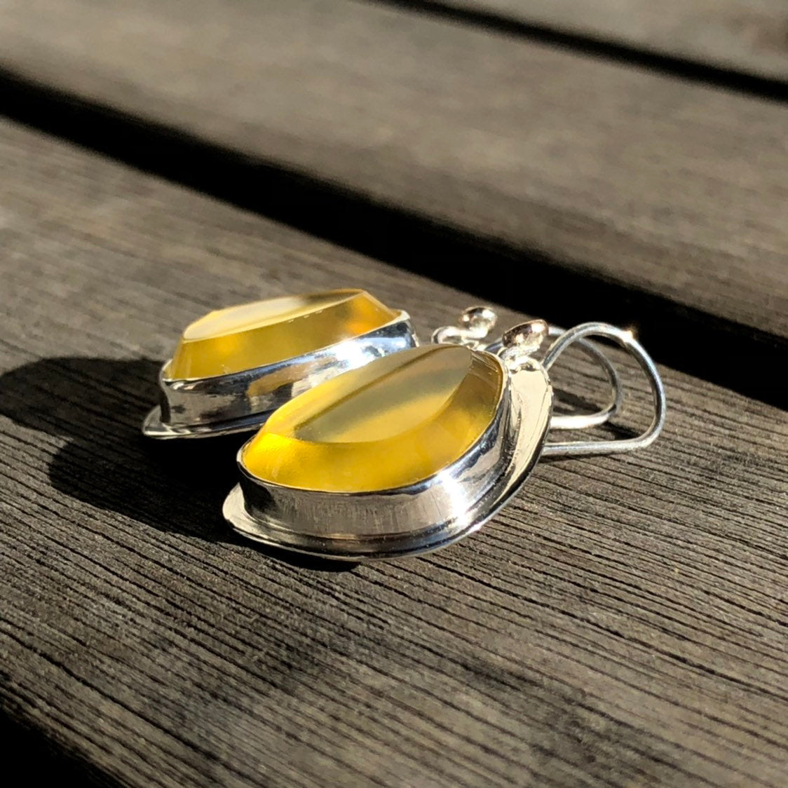 Madagascan Yellow Opal Hook Earrings In Sterling Silver With 9k Gold Accents