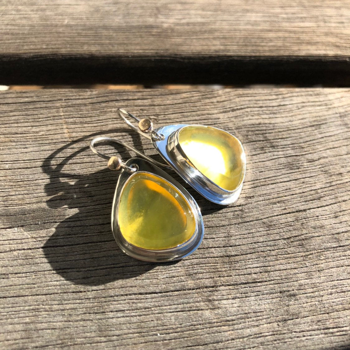 Madagascan Yellow Opal Hook Earrings In Sterling Silver With 9k Gold Accents