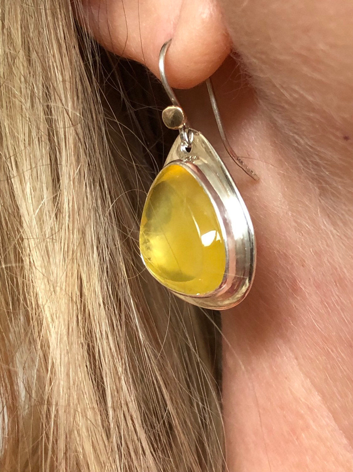 Madagascan Yellow Opal Hook Earrings In Sterling Silver With 9k Gold Accents