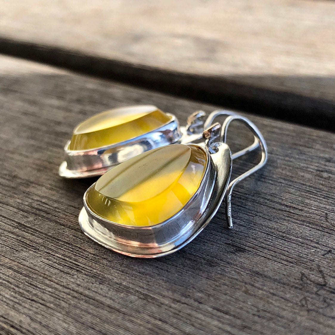 Madagascan Yellow Opal Hook Earrings In Sterling Silver With 9k Gold Accents