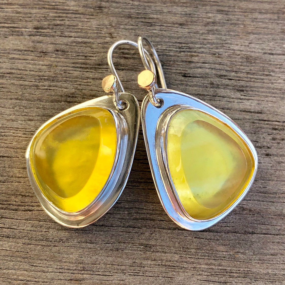Madagascan Yellow Opal Hook Earrings In Sterling Silver With 9k Gold Accents