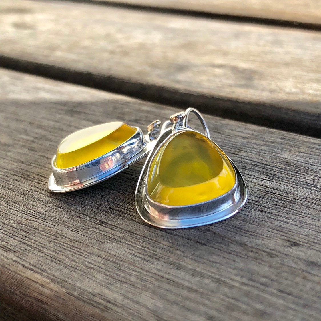 Madagascan Yellow Opal Hook Earrings In Sterling Silver With 9k Gold Accents