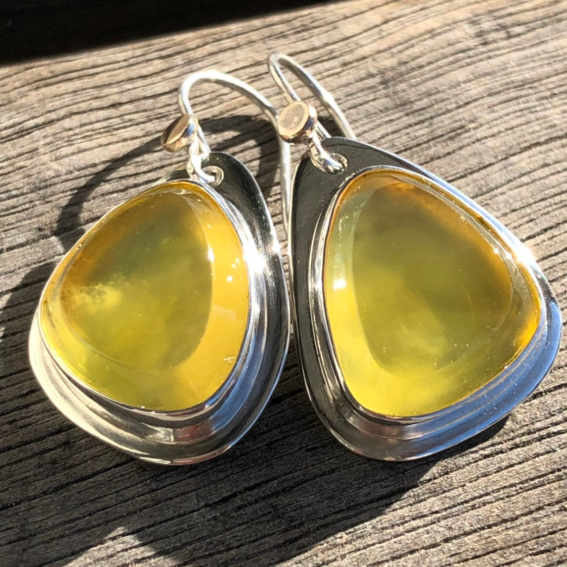 Madagascan Yellow Opal Hook Earrings In Sterling Silver With 9k Gold Accents