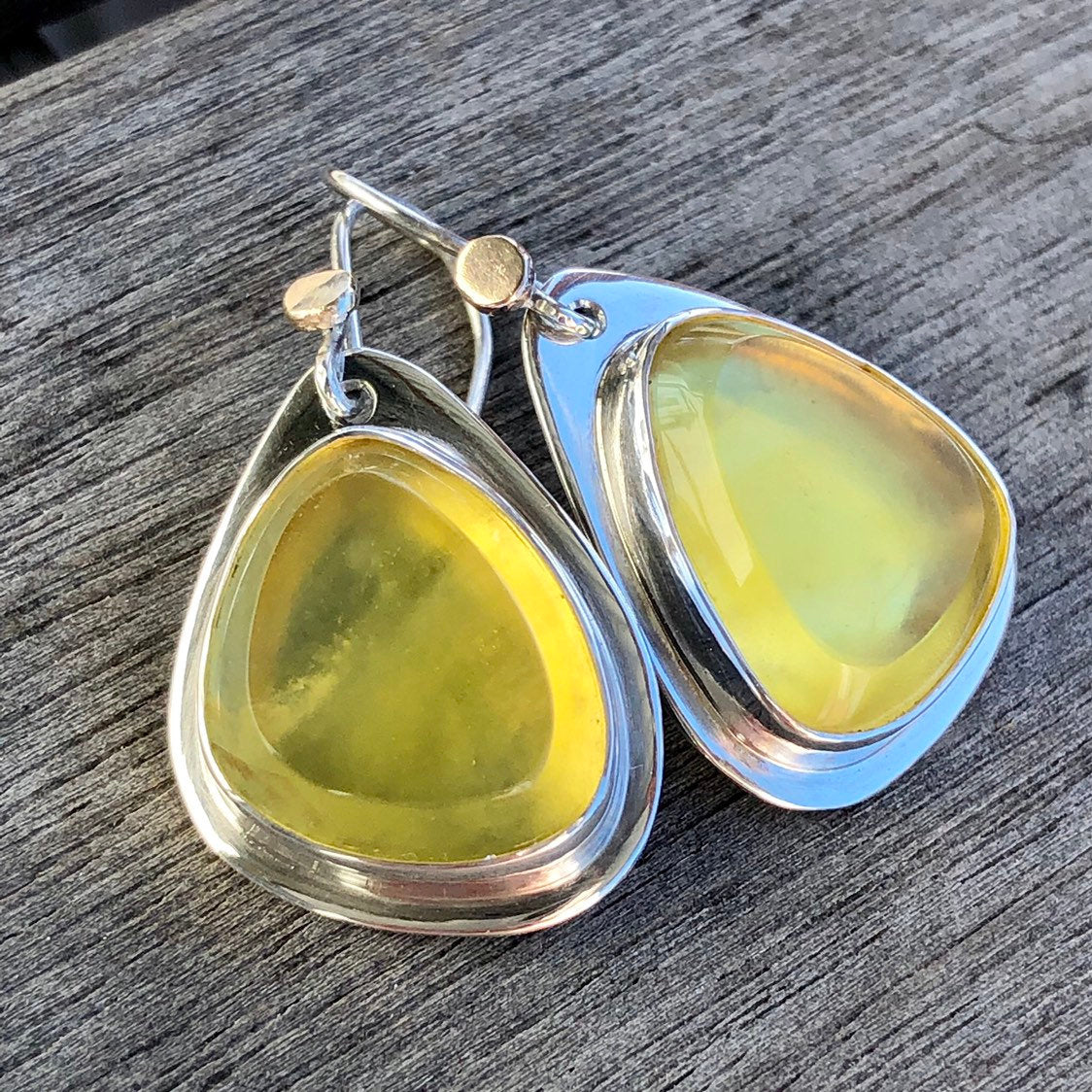 Madagascan Yellow Opal Hook Earrings In Sterling Silver With 9k Gold Accents